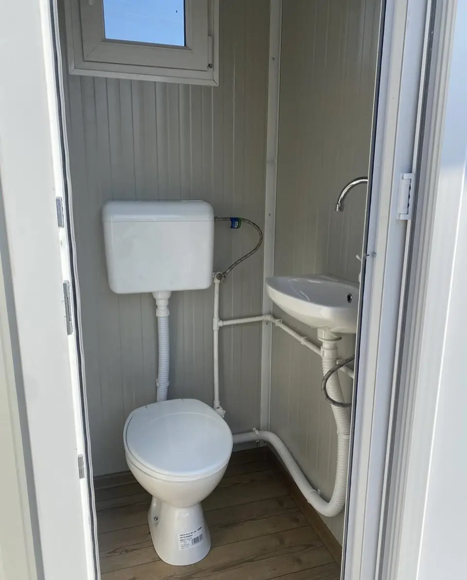 Inside a white VIP cabin with a ceramic flush toilet and a small sink
